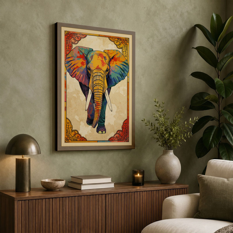 Ornamental Elephant Facing Eclectic - Wrapped Canvas, 18x12 - 45.7 x 30.5 cm, White Border