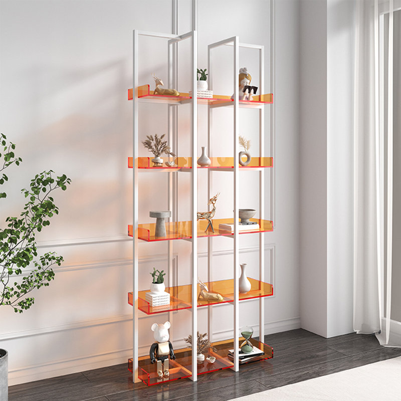 Iron Frame Acrylic Bookshelf - Sturdy Display Unit, White/Orange
