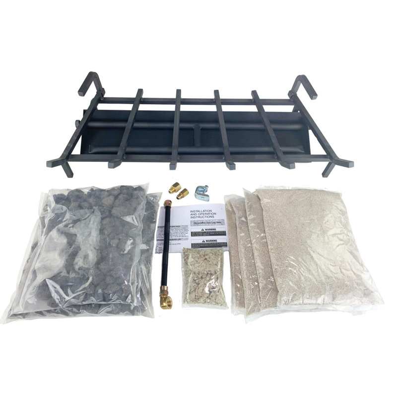 Dual Row Gas Burner Fireplace Kit with Pro Connection Kit, Silica Sand, Glowing Embers, Grate, 2.5" H x 18.25" W x 6.5" D