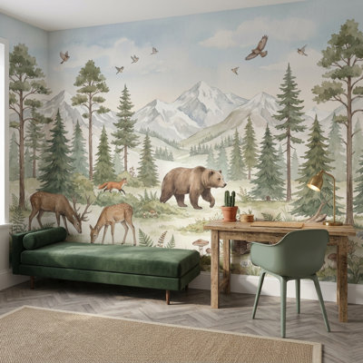 Woodland Wallpaper Mountain Landscape Watercolor Wall Mural