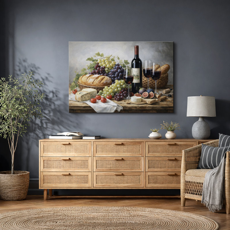 Vin et fromage, art de salle à manger élégant, impression sur toile encadrée, H 16 po x l 24 po x P 1,5 po, Toile tendue