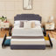 Structure de lit double en velours avec rangement, tête de lit capitonnée à rainures verticales, rangement sous le lit, lit plateforme tapissier avec tiroirs de rangement, support à lattes en bois, aucun sommier nécessaire-1998799756-1998799759