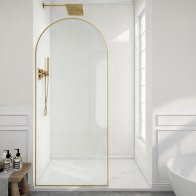 Ember Series 78 In. X 34 In. Framed Arch Fixed Shower Screen Door In Brushed Gold With 8Mm Tempered Clear Glass