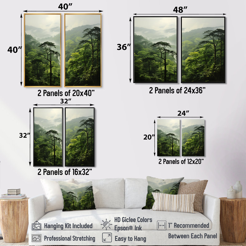 Forêt tropicale, paysage de jungle 1 - art mural tropical coloré 2 pièces, 36" H x 48" W, Impression encadrée flottante