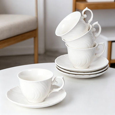 Ensemble de 4 tasses à café et soucoupes en porcelaine de 4 oz avec soucoupes, ensemble de thé en céramique blanc classique pour thé, café, café au lait, café moka, four à micro-ondes et au four