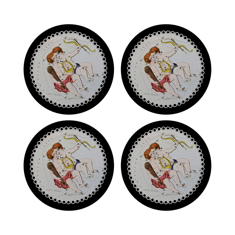 Zodiac Gemini White Vegan Leather Round Coasters, Black