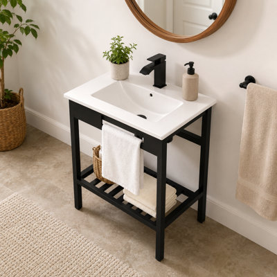 Lavabo de salle de bain console 24 po x 18 po avec support en acier inoxydable, lavabo intégré en céramique avec trop-plein, tablette ouverte, compatible avec robinet à un trou