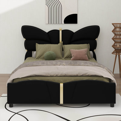 Queen Bed Frame With Headboard PU Leather Bed Frame With Butterfly Shaped Headboard