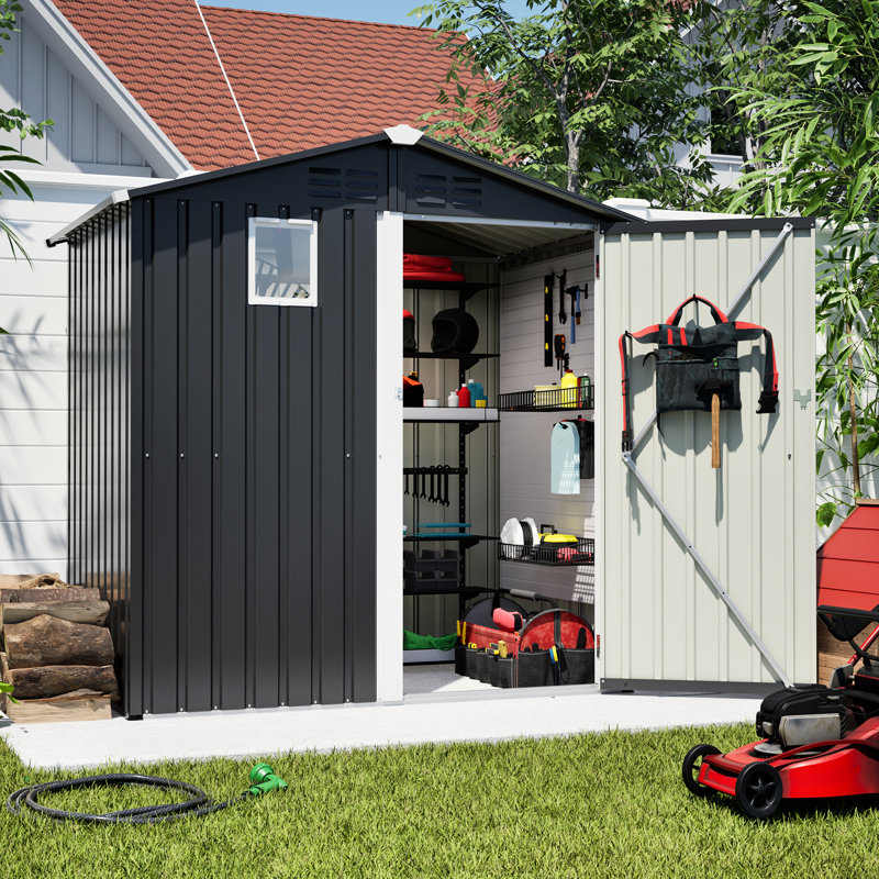 Remise de rangement extérieure en métal de 6 pi x 4 pi en noir, antirouille et spacieuse, pour les outils de jardin, serrure de porte sécurisée, transparente sans fenêtre, installation facile - remise en acier de 6 pi 4 pi, rangement
