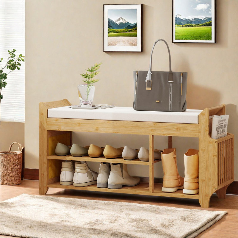 Shoe Storage Bench, Natural Bamboo 2 Tier Modern Entryway Organizer