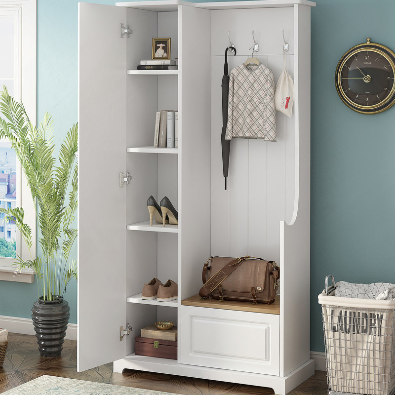 Arbre d'entrée élégant avec banc rabattable, armoire à chaussures minimaliste avec tablettes réglables, mobilier multifonctionnel avec crochets de suspension pour vestibule, vestibule, blanc