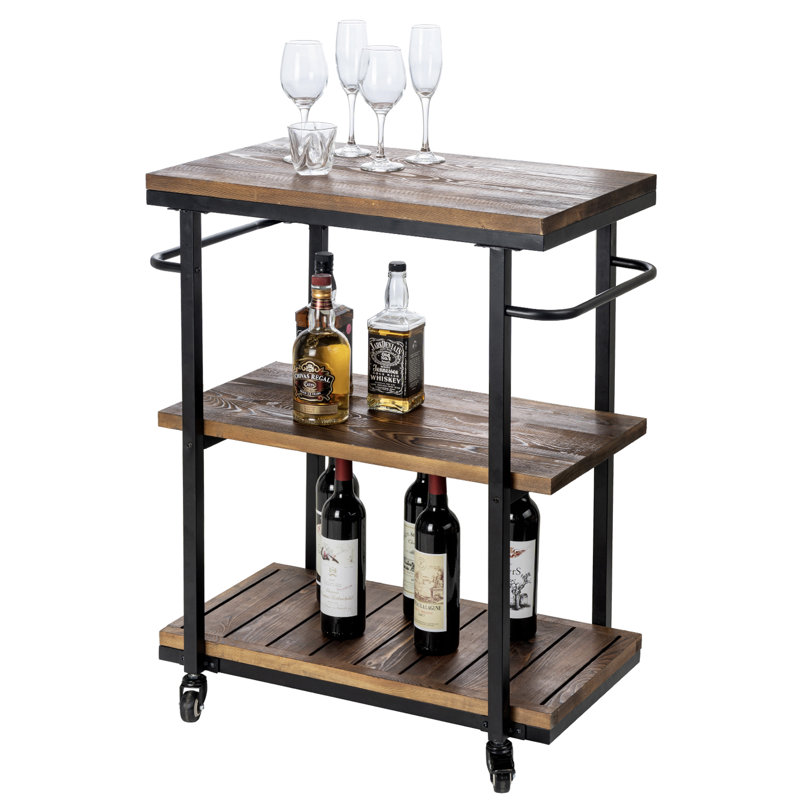 Industrial Wood 3 Tier Bar Beverage Cart Serving Cart