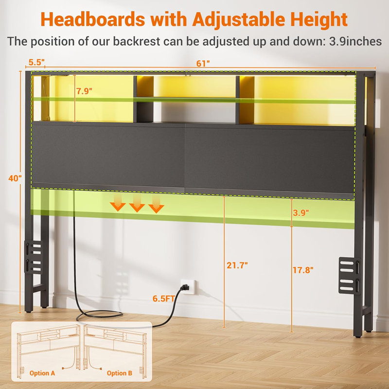 Lozandier Headboard with Storage, Power Outlet, USB Ports and LED Strip, Queen, Black