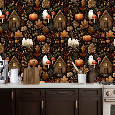 Papier peint auto-adhésif fantaisiste avec citrouilles fantômes de forêt d'automne auto-adhésifs et amovibles 24 po x 118 po (60 x 300 cm)