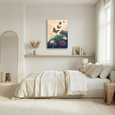 Art sur toile, fleurs de lotus bleues et papillons oranges