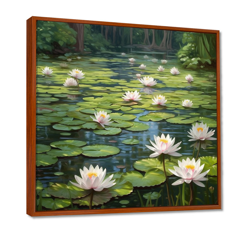 Magical Lotus Lily Pad Pond - Impression sur toile encadrée Lotus, H 16 po x l 16 po x P 1 po, Cadre flottant brun