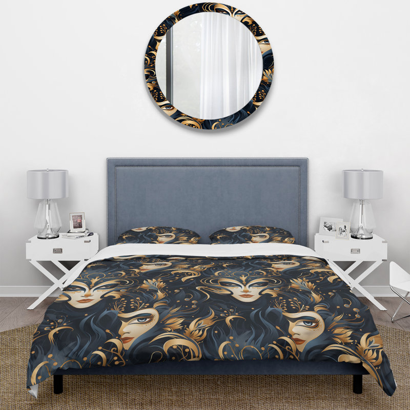 Gold Pattern Venice Masquerade Duvet Cover, King Duvet Cover + 2 King Shams