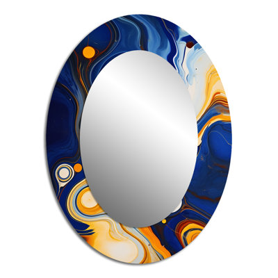 Jaune et bleu liquide Ink River II - miroir mural ovale moderne jaune