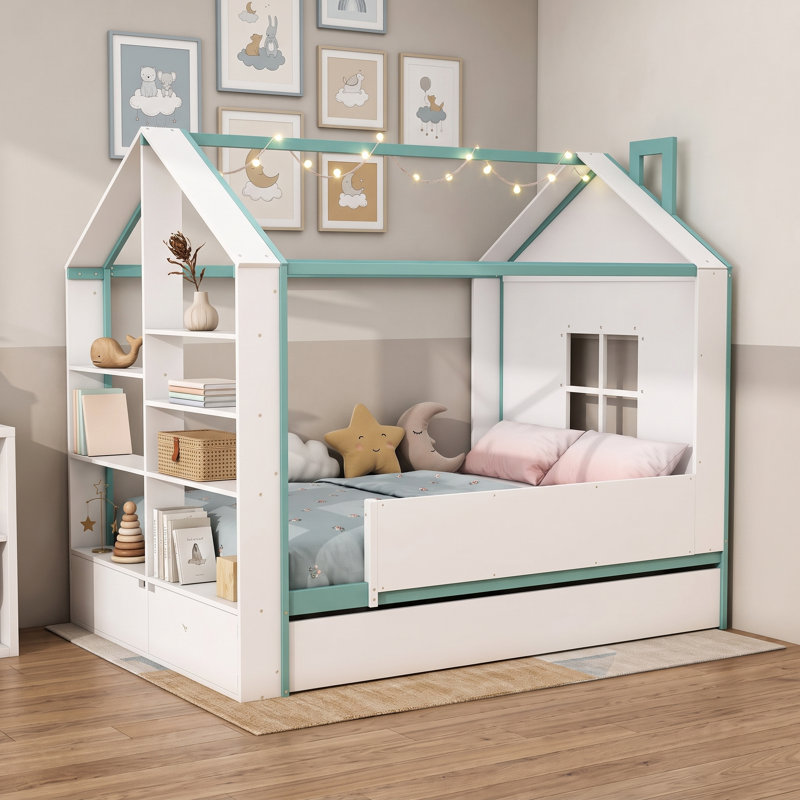 Structure de lit House avec lit gigogne, tablettes de rangement et éclairage DEL, Lit double, Bleu blanchi
