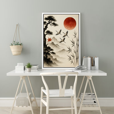 «Red Sun with Flying Cranes and Bamboo in Asian-Inspired Landscape», reproduction d'art sur toile encadrée