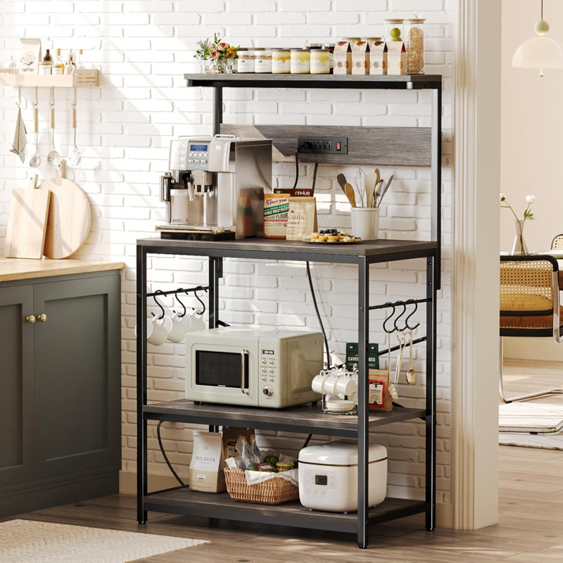 Étagère Bakers avec prises de courant, support pour micro-ondes, bureau de 31,5 po x 16,5 po, support de rangement de cuisine avec tablette centrale réglable, 6 crochets en forme de S, support pour bar à café, gris