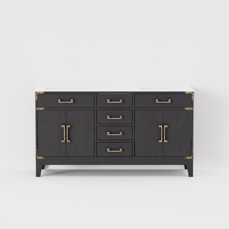 Plateau de meuble-lavabo double l 60 po x P 22 po Laurel, Chêne noir, Marbre de culture blanc