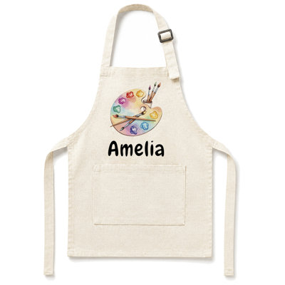  Tablier pour enfants, personnalisé avec nom personnalisé, toile de lin naturelle avec pastel pour petits artistes, tablier pour les garçons et les filles, bandoulière réglable, 15 po x 20 po