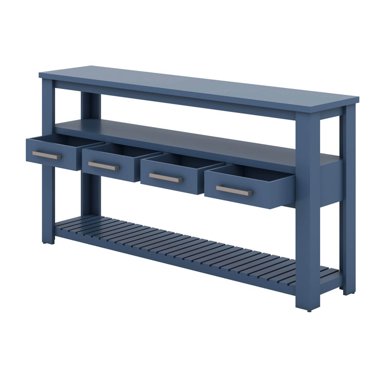 Grande console de 62,2 pouces avec 4 tiroirs, tablettes ouvertes à 3 niveaux, poignées en métal et pieds réglables, Marine