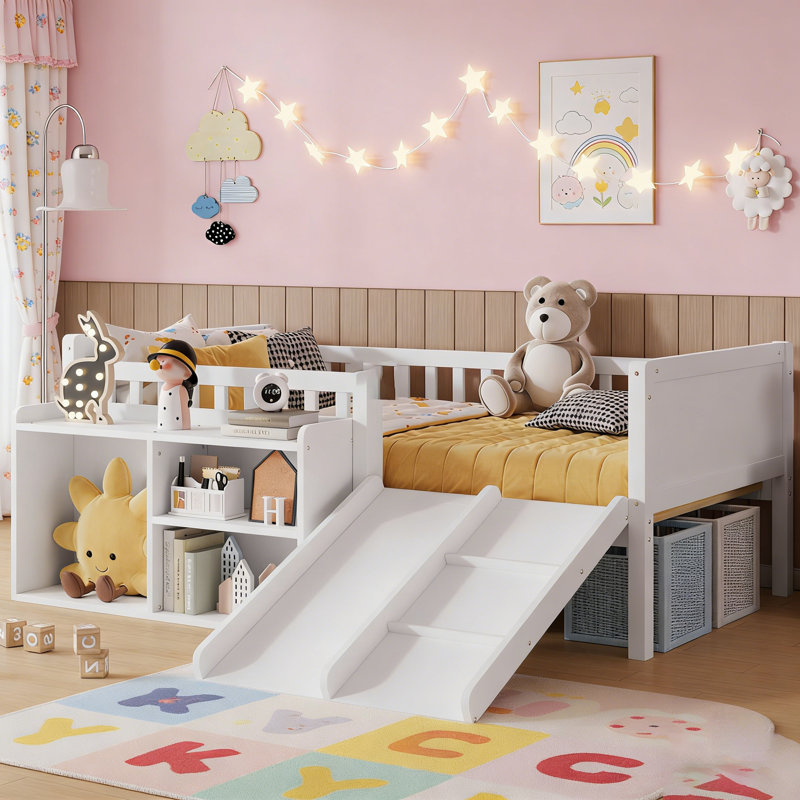 Lit mezzanine bas pour enfants avec glissoire, étagère de rangement mobile et garde-corps pleine longueur, Blanc