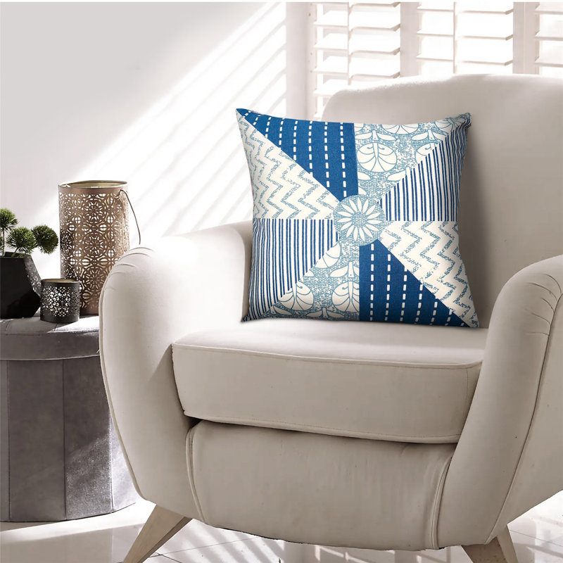 Coussin décoratif 18 x 18 carrés, motif géométrique, housse en coton doux, bourre en polyester, bleu, blanc
