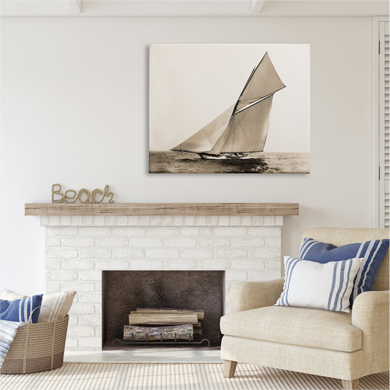 Vintage Ship on Ocean Beige Canvas Wall Art, 48 x 36