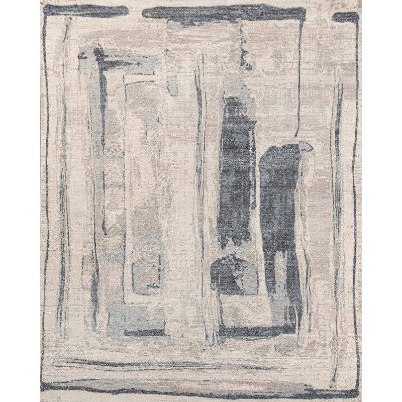 Hand Knotted Abstract Area Rug in Ivory/Navy, Rectangle 8' x 10'