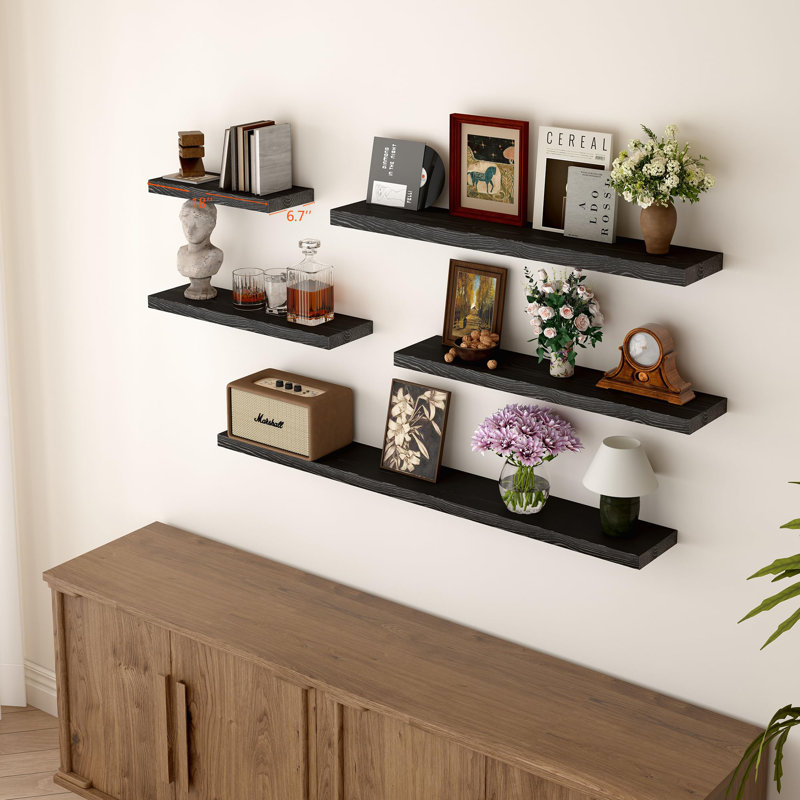 Rustic Wooden Wall Shelves Black-Set of 2, Black, 1.25" H x 18" W x 6.7" D