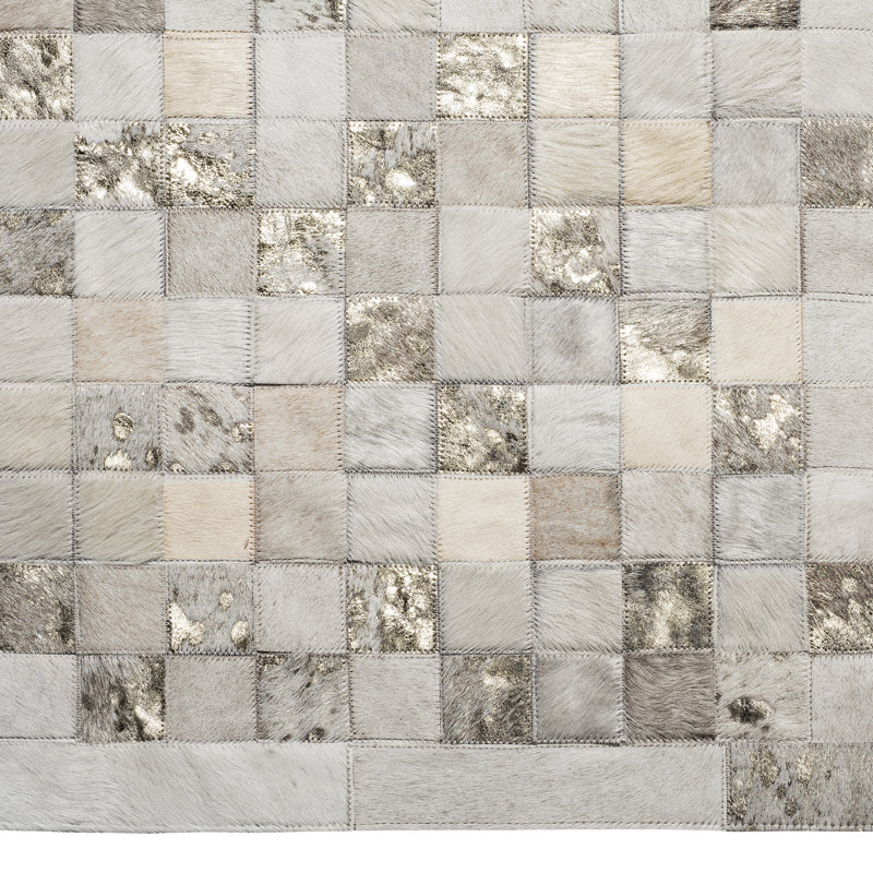 Hera Geometric Handmade Leather Ivory/Gold Area Rug, Rectangle 6' x 9', Ivory/Silver