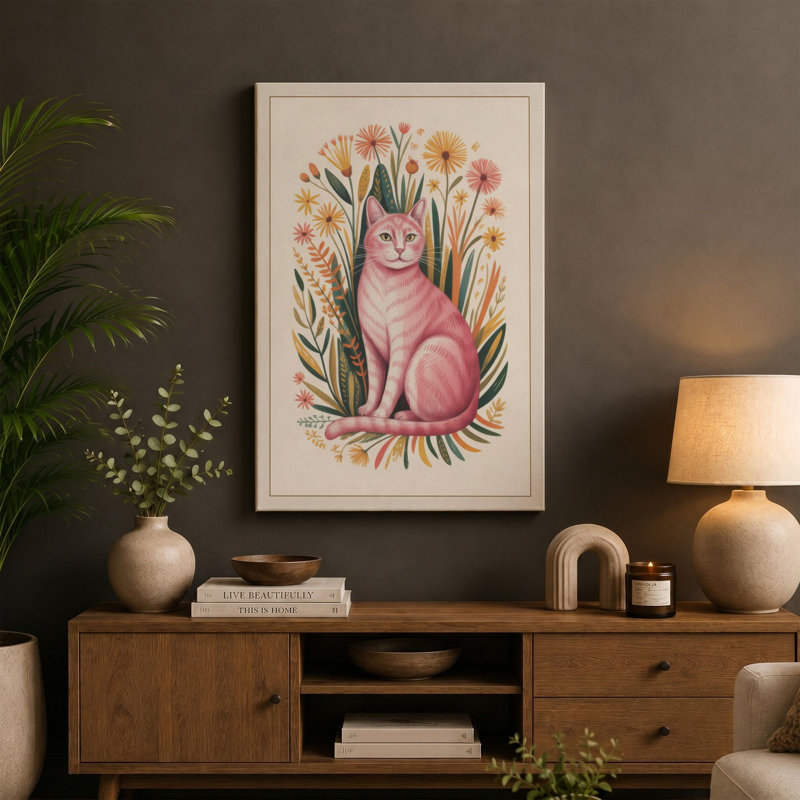 Cat in Bloom Botanical - Wrapped Canvas, 36x24 - 91.4 x 61.0 cm, Taupe Border