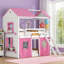 Lit superposé simple de style maisonnette en bois massif avec fenêtres et tente décoratives élégantes, rose et blanc doux