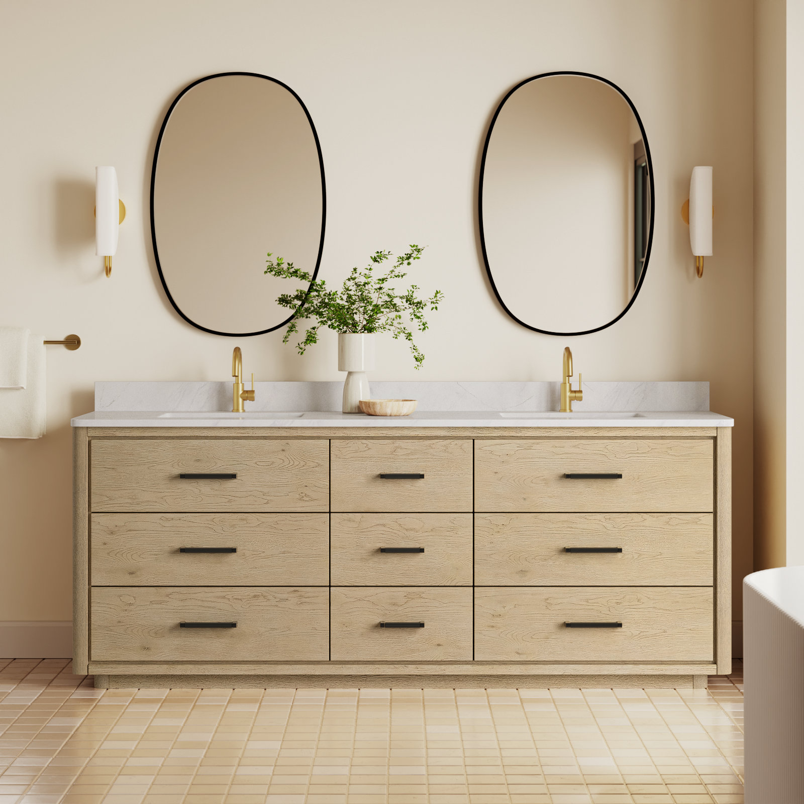 Porto 84'' Double Bathroom Vanity, Natural Oak, Matte Black