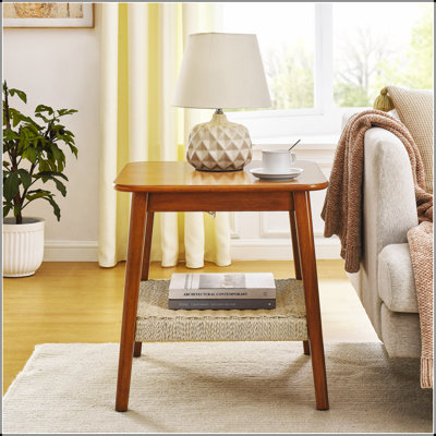 Table d'appoint de style Mid-Century de 23 pouces avec tablette tissée, décoration boho pour un décor moderne et classique