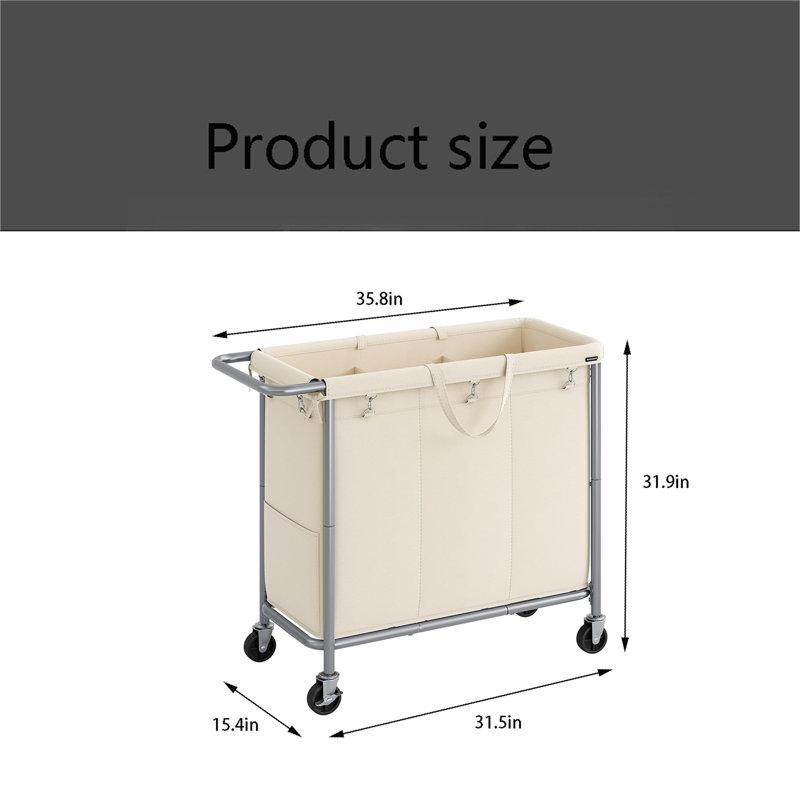 Laundry Cart, Three Compartment Laundry Basket With Detachable Lining, 31.9" H x 31.5" W x 15.4" D