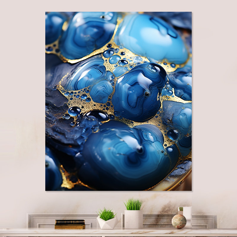 Or et saphir bleu mosaïque de marbre I - impression abstraite d'art mural en métal, H 32 po x l 16 po x P 1 po