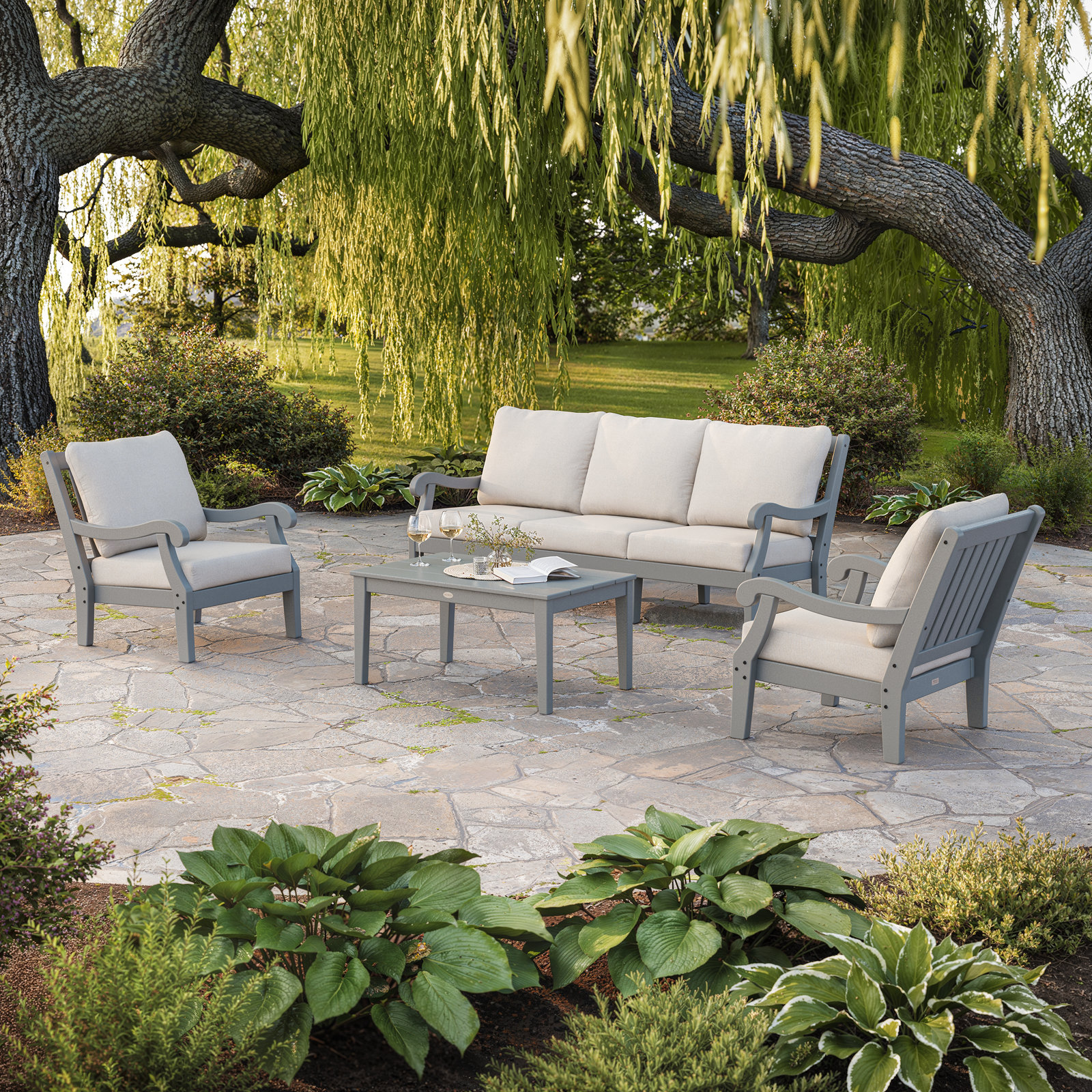 POLYWOOD® Verlyn 5-Person Patio Seating Group, Dune Burlap Cushion/Slate Gray Frame