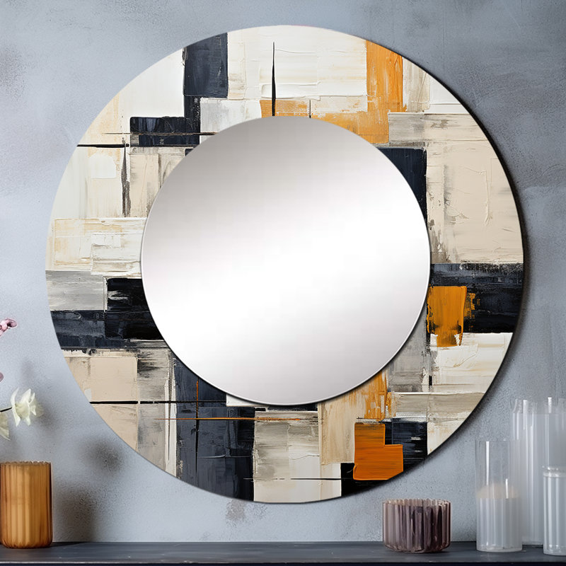 Ivoire Illusions Abstract Shapes II - miroir de formes abstraites, miroir mural rond unique moderne, impression sur métal