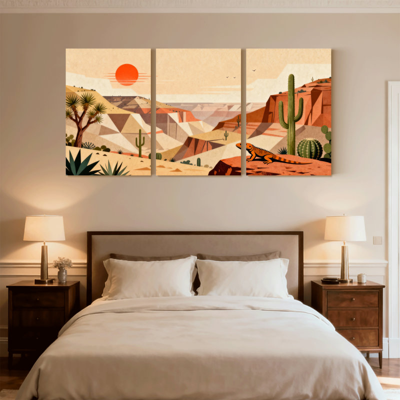 Paysage et nature, paysage désertique avec cactus et lézard, ensemble de 3 impressions sur toile, H 18 po x l 36 po