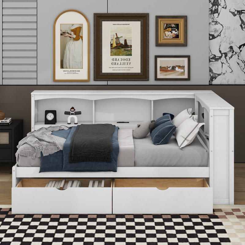 Lit de jour simple avec 2 tiroirs de rangement et ports USB, Blanc