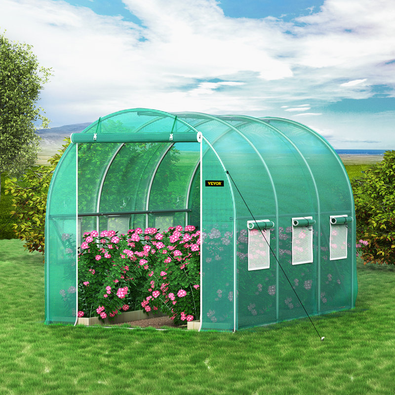 Walk-in Tunnel Greenhouse, 9.8 x 6.6 x 6.6 ft Portable Plant Hot House with Galvanized Steel Hoops, 1 Top Beam, Zippered Door & 6 Roll-up Windows, Diagonal Poles, Green