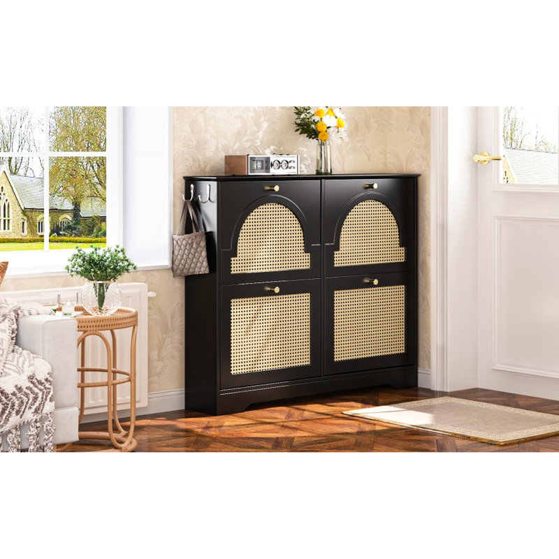 Mid - Century Black Shoe Cabinet With 4 Flip Drawers And 2 Hooks, Freestanding For Hallway, Ventilated To Odor, Stable Design Organizer