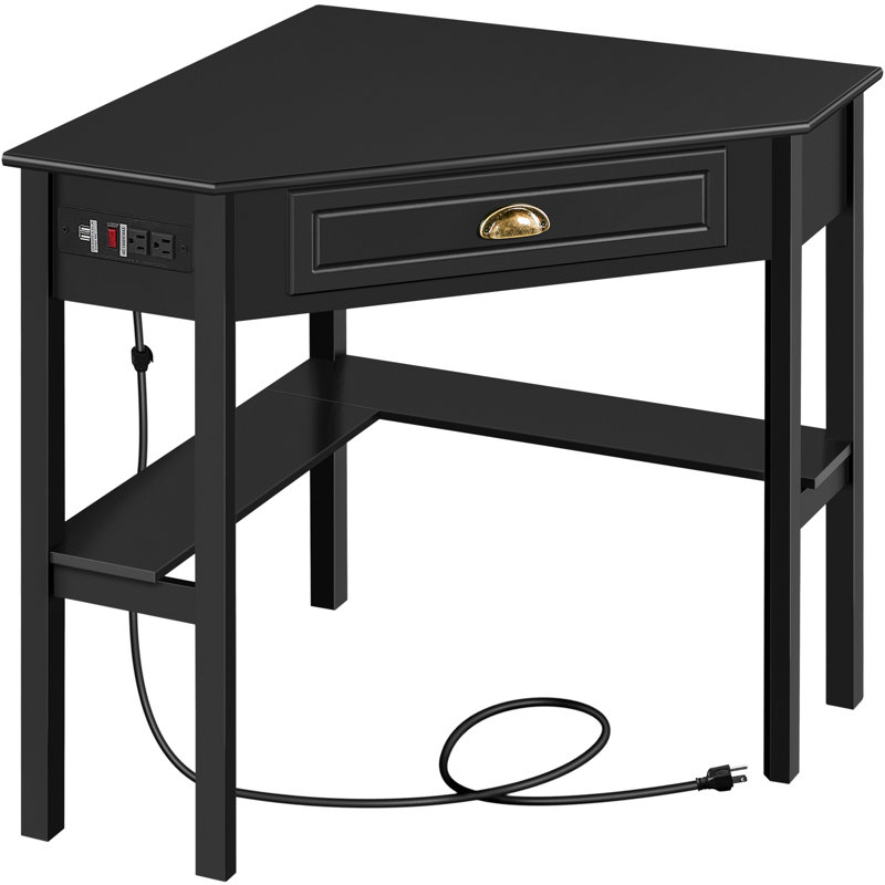 Bureau d'ordinateur de coin avec prise de courant Annalycia, Noir