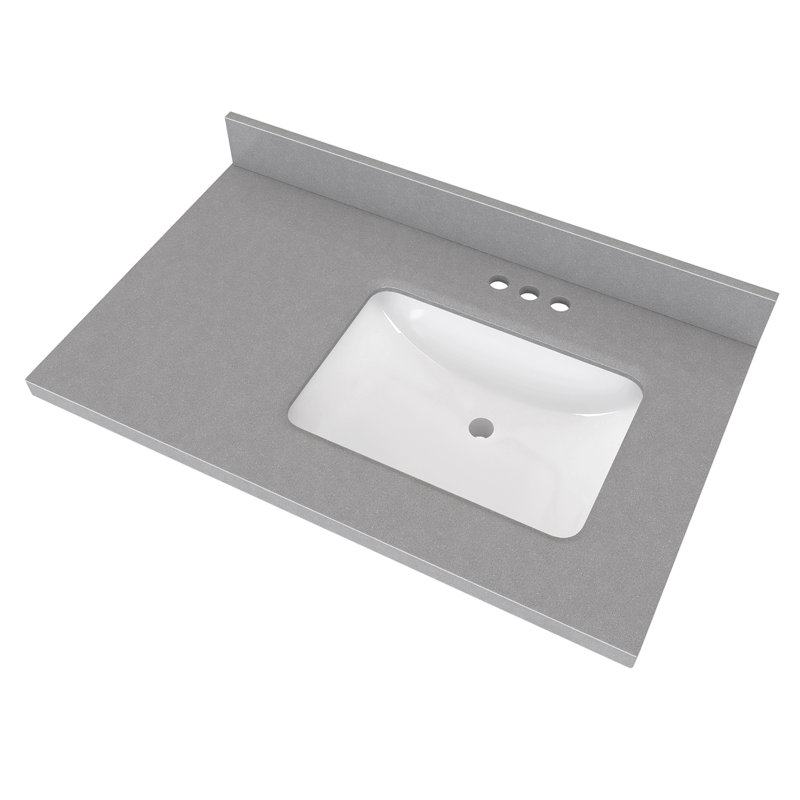 Comptoir de meuble-lavabo simple 36 po avec lavabo, comptoir de salle de bain en pierre d'ingénierie grise, conception de lavabo décalé à droite, trous de robinet de 4 po, comptoir de remplacement