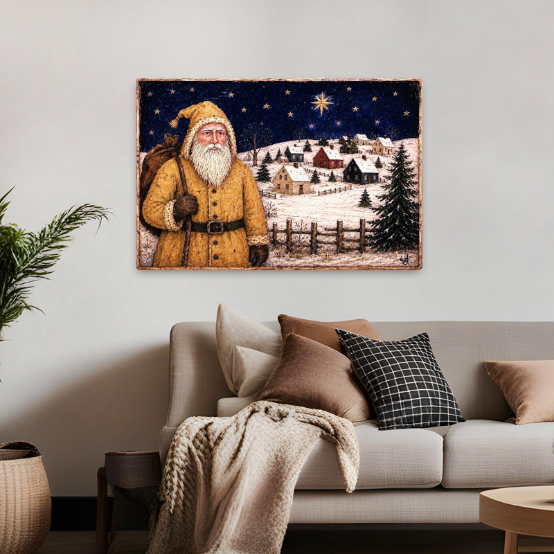Père Noël, rétro, pin abstrait, paysage, hiver, impression murale, H 32 po x l 48 po