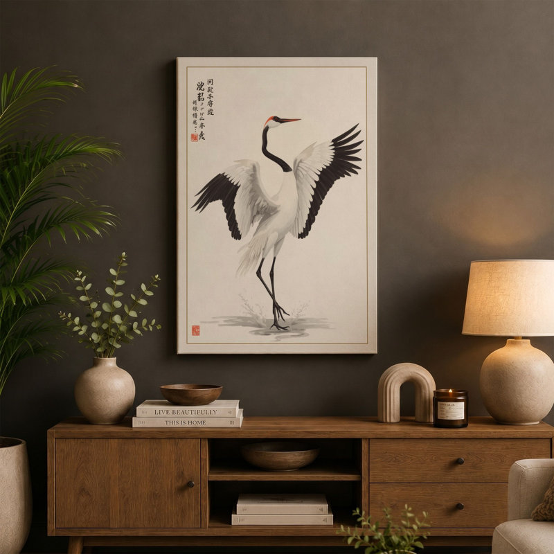 Standing Crane Japandi - Wrapped Canvas, 36x24 - 91.4 x 61.0 cm, Terracotta Border